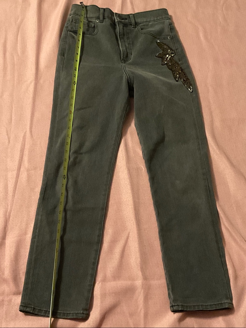 Express Dark Green Straight-Leg Jeans with Sequin Feather Accent